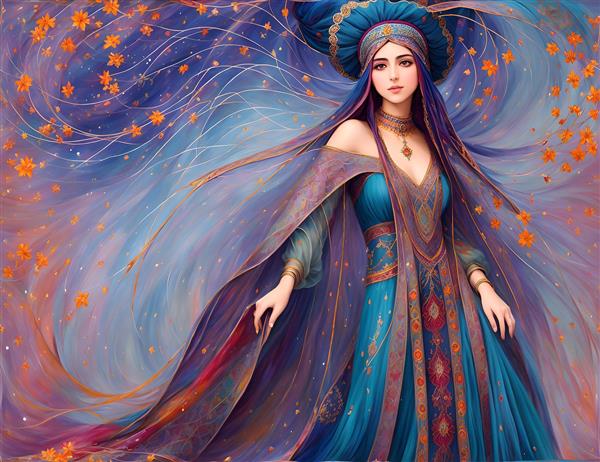 شال بلند ایرانی در نقاشی با لباس محلی و حجاب رنگی