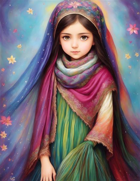 دختر بچه زیبای ایرانی در نگارگری رنگارنگ با روسری بلند و لباس محلی کردستانی