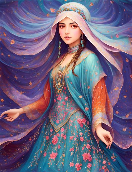 رنگ و زیبایی در نقاشی دختر جوان ایرانی