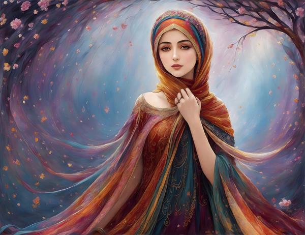 درخشش رنگ‌ها در نقاشی رنگی دختر جوان ایرانی