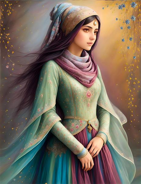 دختر جوان ایرانی در نقاشی مینیاتور رنگی با لباس محلی بلند و شال بلند