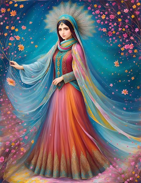 دختر جوان ایرانی در نقاشی مینیاتور رنگی با حجاب شال بلند و لباس محلی خراسانی