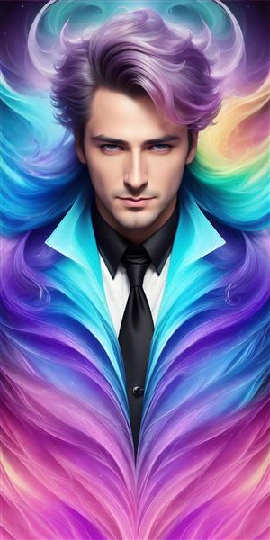 طرح نقاشی دیجیتالی چشم نواز از مرد جوان با زمینه رنگارنگ