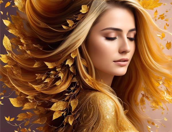 تابلوی زیبای باکیفیت از دختری با موهای طلایی در میان برگ های پاییزی