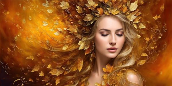 طرح دیجیتالی دختری جوان و زیبا با موهای طلایی در میان برگ های طلایی پاییزی