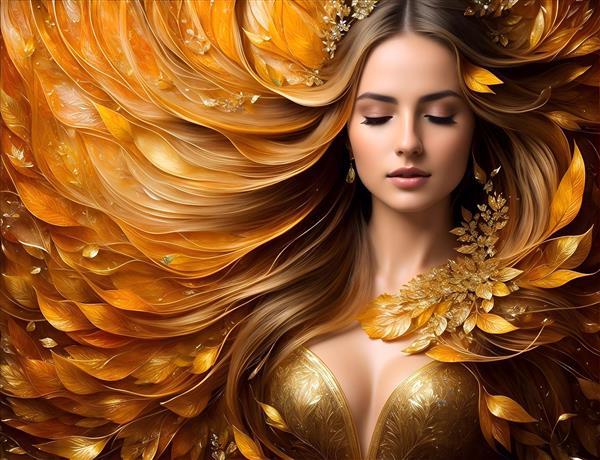 تابلوی زیبای دختری با موهای طلایی در میان برگ های پاییزی