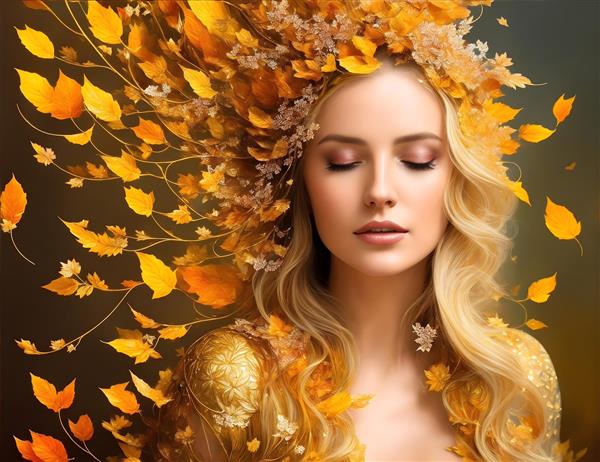 دختر جوان با موهای طلایی در میان برگ‌های پاییزی
