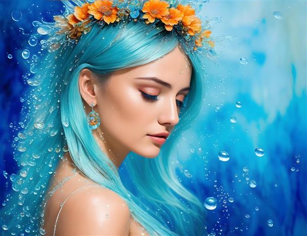 موهای آبشاری دختر جوان در نقاشی دیجیتال با طرح آبی رنگ