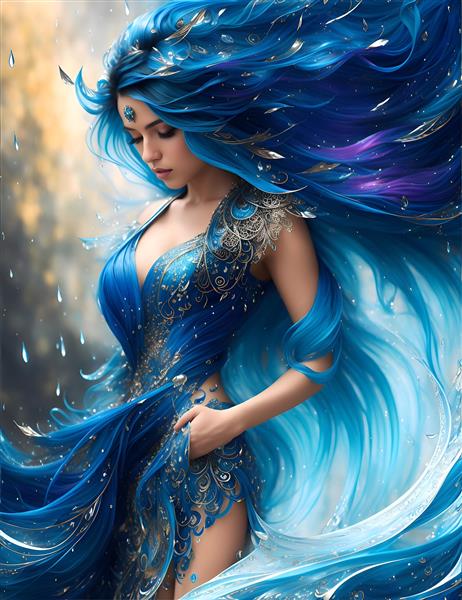 تابلوی دیجیتالی شاهزاده جوان با موهای آبی بیانی از خلاقیت