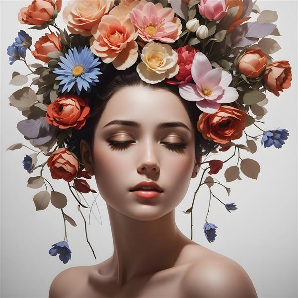 طرح نقاشی دیجیتالی چشم نواز از دختر جوان با گلهای رنگارنگ