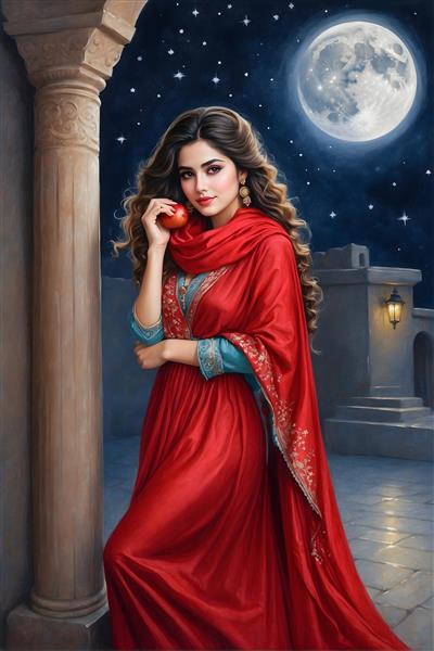 دختر ایرانی زیبا در شب یلدا با لباس قرمز و انار