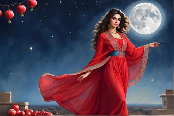 نقاشی دیجیتال شب یلدا با دختر ایرانی و ماه