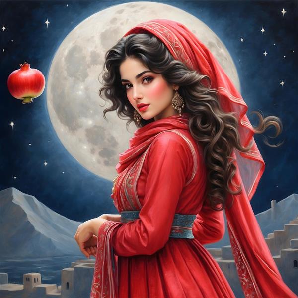 سنت های ایرانی شب یلدا با دختر زیبا و لباس قرمز
