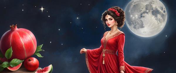 نقاشی دیجیتال شب یلدا با دختر ایرانی و ستارگان درخشان