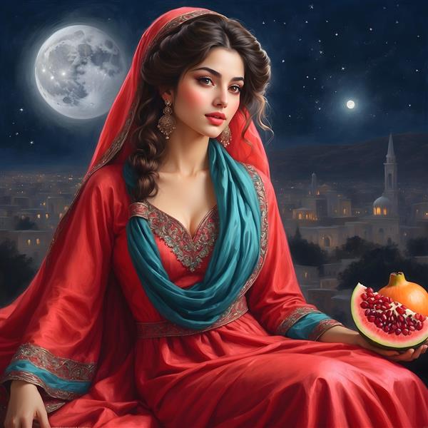تصویرسازی نقاشی دیجیتال شب یلدا سنت ایرانی با دختر زیبا و لباس قرمز