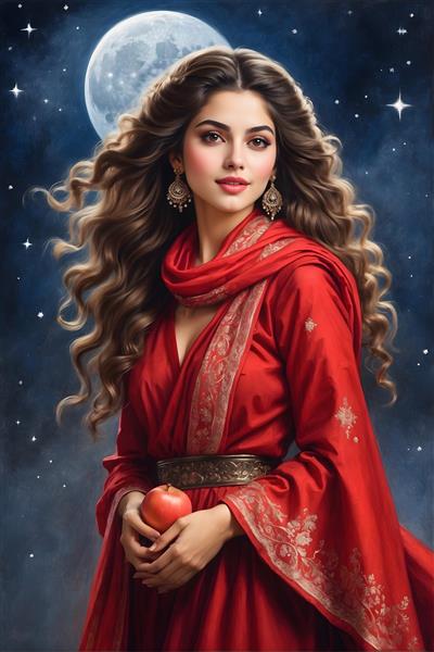 درخشش ماه و ستاره بر دختر ایرانی در شب یلدا جلوه ای از سنت ایرانی