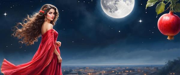 دختر ایرانی در لباس قرمز و انار جلوه ای از شب یلدا سنت ایرانی و درخشش ماه و ستاره