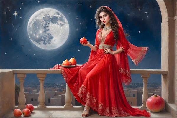 تصویرسازی نقاشی دیجیتال شب یلدا سنت ایرانی با دختر زیبای ایرانی لباس قرمز و انار جلوه ای از درخشش ماه و ستاره