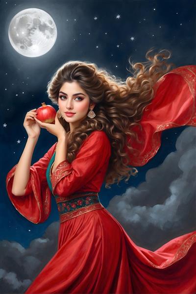 طرح نقاشی دیجیتال دختر ایرانی با لباس بلند قرمز و انار در شب یلدا