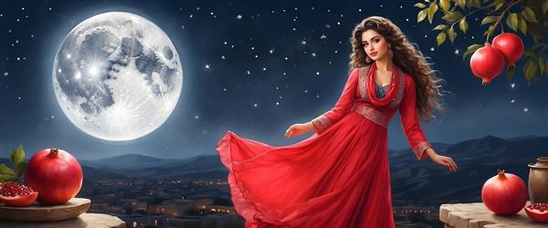 سنت شب یلدا دختر ایرانی با لباس قرمز و انار