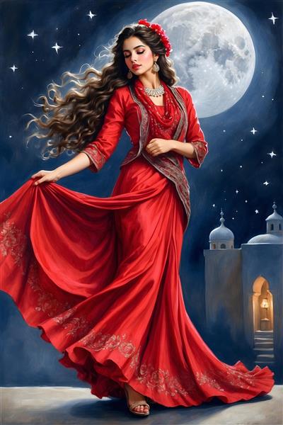 درخشش ستاره‌ها در شب یلدا با دختر ایرانی در لباس قرمز و انار