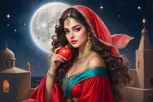 دختر ایرانی با لباس قرمز و انار نماد شب یلدا