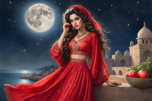 دختر زیبای ایرانی در لباس بلند قرمز شب یلدا