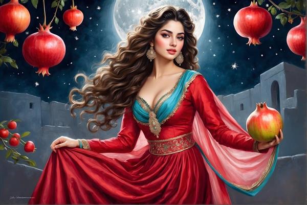 تصویرسازی شب یلدا با دختر زیبا و لباس بلند قرمز