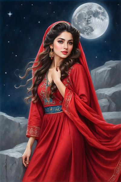 نقاشی دیجیتالی شب یلدا با دختر زیبا لباس بلند قرمز و سنت