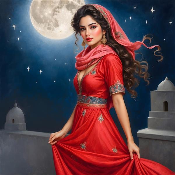 دختر زیبای ایرانی با انار در دست شب یلدا و ماه درخشان