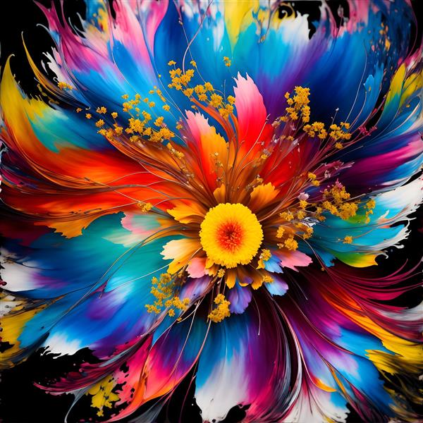 نقاشی دیجیتال گل‌ رنگارنگ با زمینه مشکی