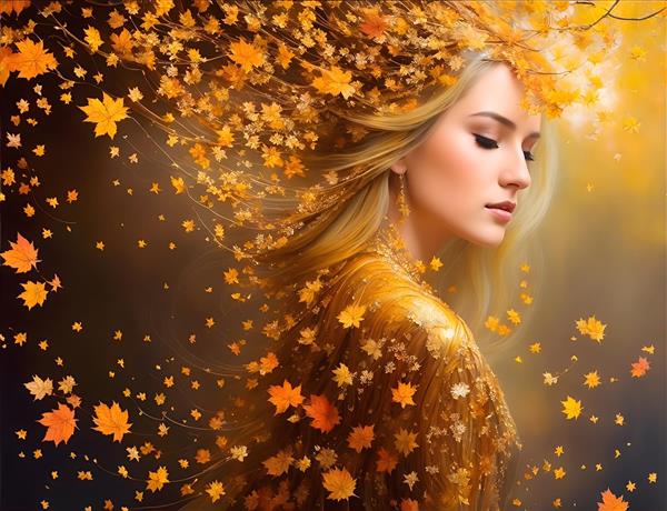 دختر زیبای پاییز پرتره زیبایی در میان برگ‌های طلایی و باد