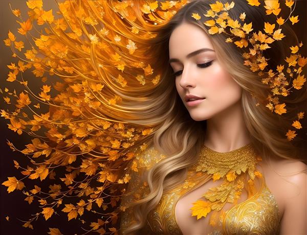 پرتره دختر جوان با موهای بلند طلایی در برگریزان پاییزی