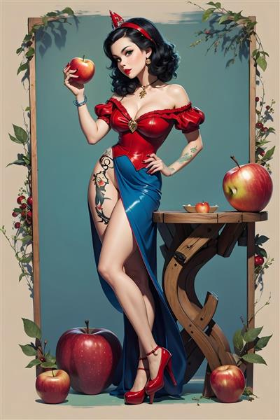 پوستر نقاشی دیجیتال سفید برفی با سیب قرمز