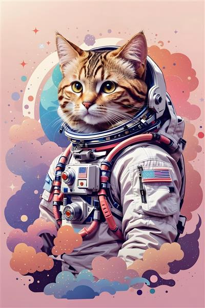 گربه رنگی در لباس فضانوردی تصویرسازی دیجیتال رویایی