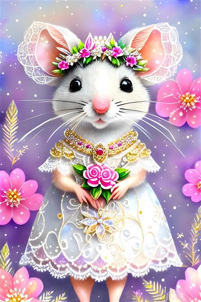 پوستر موش سفید با گل های صورتی جذاب در تصویرسازی دیجیتال رویایی