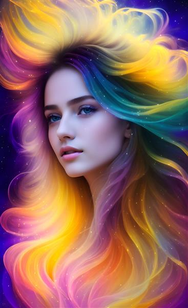 نقاشی دیجیتال از چهره دختری با موهای بلند رنگی در باد