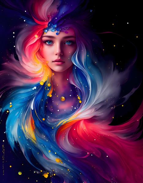 نقاشی سورئال از چهره دختر زیبا با موهای رنگی در زمینه مشکی