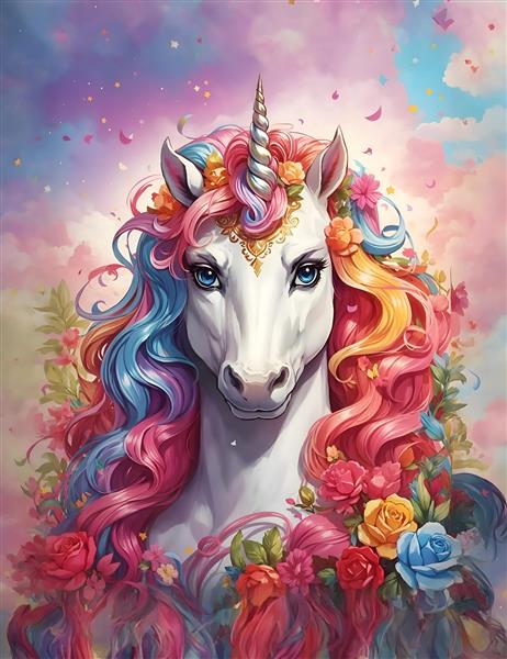 اسب تکشاخ با موهای رنگی نقاشی دیجیتال با کیفیت