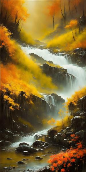 نقاشی آبشار در جنگل انبوه