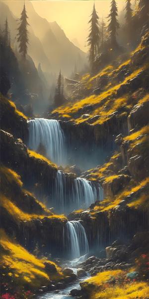 تابلوی نقاشی آبشار در جنگل پاییزی