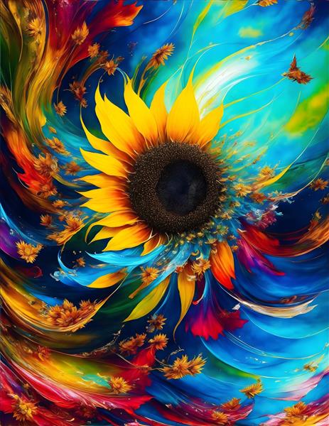 نقاشی دیجیتال فانتزی گل آفتابگردان با زمینه رنگی