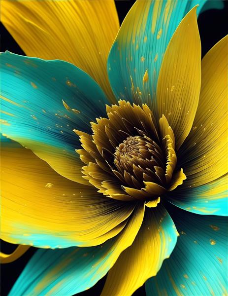 گل‌های سه بعدی طلایی و فیروزه‌ای به سبک رنگ روغن با طرح فانتزی