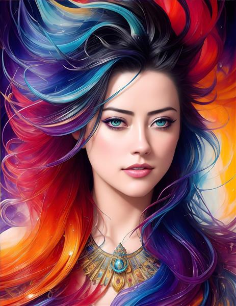 نقاشی جذاب چهره امبر هرد با موهای رنگی در سبک انتزاعی
