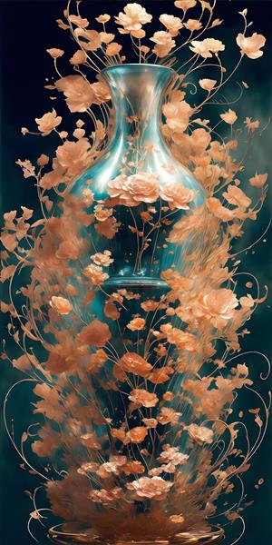 نقاشی گلدان آبی و صورتی گل‌های نگارگری اثری باشکوه و چشم نواز