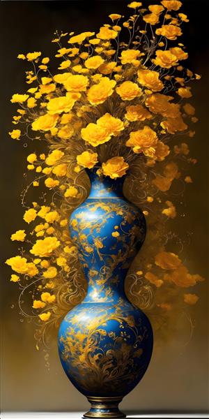 گلدان آبی با گل‌های طلایی نقاشی مینیاتوری