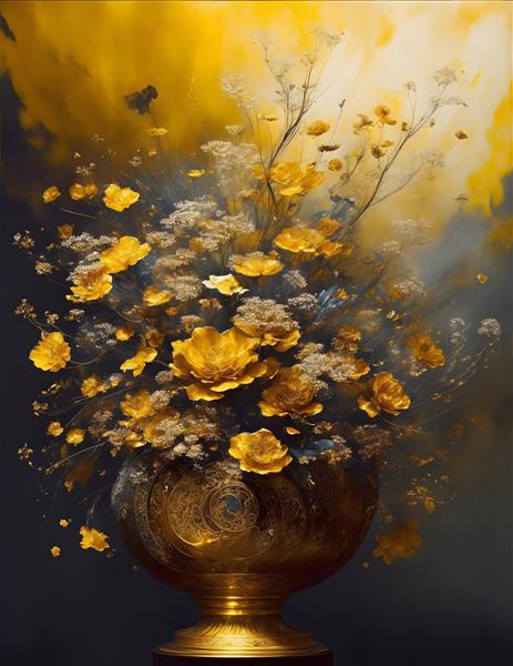 پوستر گلدان طلایی گل‌های نقاشی شده با رنگ روغن