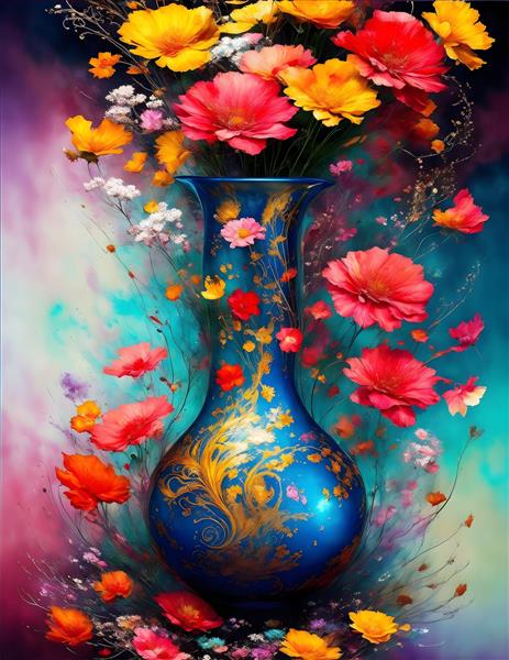 نقاشی گلدان گل‌های رنگارنگ با آبرنگ