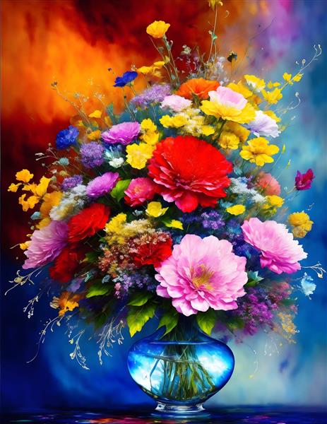 نقاشی گلدان گل‌های رنگارنگ فانتزی