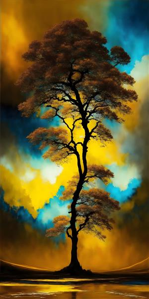 درخت طلایی نقاشی دیجیتال با پس زمینه انتزاعی